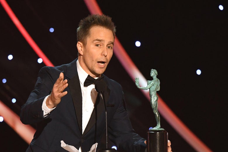 Sam Rockwell accepts the Outstanding Performance by a Male Actor in a Supporting Role award for 'Three Billboards Outside Ebbing, Missouri' onstage during the 24th Annual Screen Actors Guild Awards show at The Shrine Auditorium on January 21, 2018 in Los Angeles, California. / AFP PHOTO / Mark RALSTON (Photo credit should read MARK RALSTON/AFP/Getty Images)
